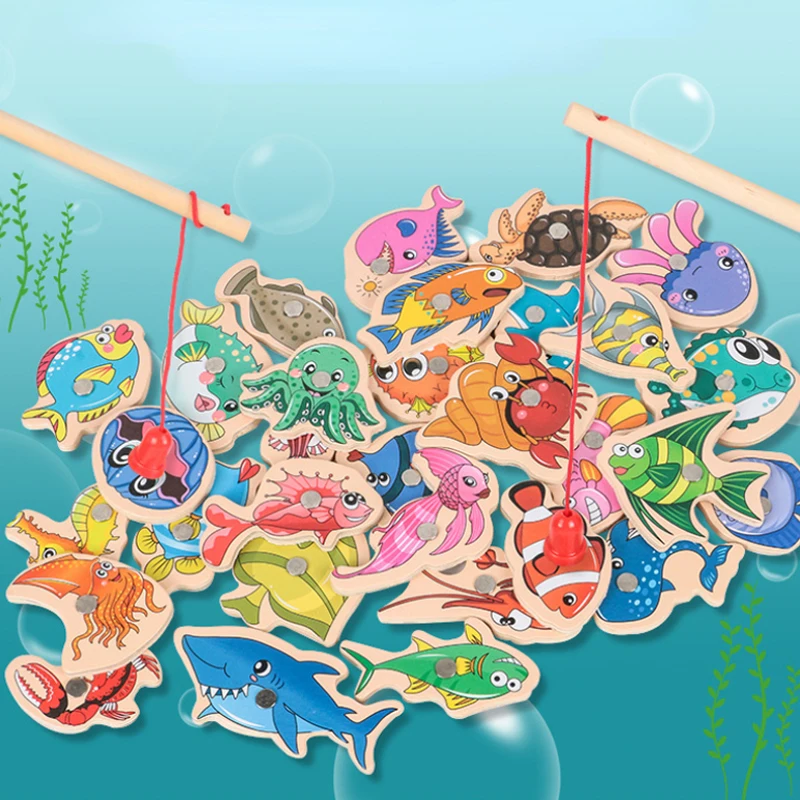 Drevené Montessori Hračky Magnetické Rybárske Hračky pre Dieťa Cartoon Morského Života Poznávanie Rýb Rod Hračky Rodič-Dieťa Interaktívne