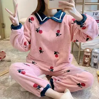 Zimné Coral Velvet Pyžamo dámske Cartoon Vzorované Cute Pyžamo Set pre Ženy Pribrala Teplé Študentský Domov Oblečenie Sleepwear