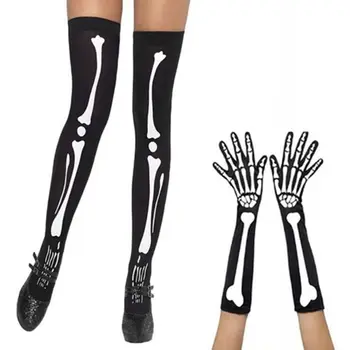Dámske Halloween Cosplay Lebky, Kostry Kosti Rukavice Stehná Vysoké Pančuchy Ponožky