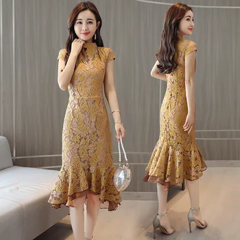 1pcs/veľa čínsky štýl žena čipky pevné cheongsam žena stojí golier, čipka qipao letné šaty