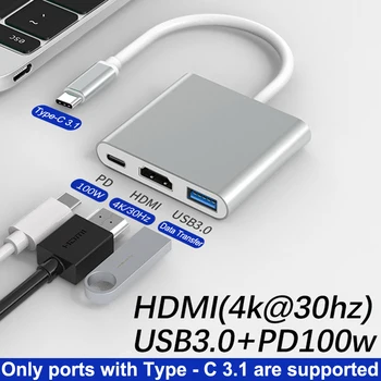 3 v 1 USB Typu C Hub na 4K HDMI HDTV Typ-C, USB 3.0 Pre Ipad Pro 2018 2020 Huawei Samsung S8 Plus Tablet PC Príslušenstvo
