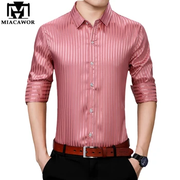 MIACAWOR Nové Košele Mužov Luxusné Pruhované Šaty, Košele s Dlhým Rukávom Svadobné Tričko Biele Ružové Tričko Slim Fit Camisas Homme C706