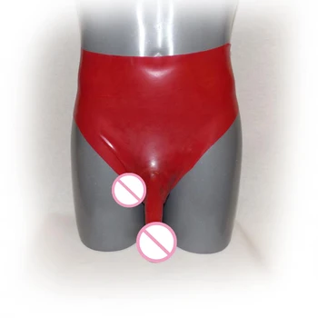 Hot !!! Sexy Červené Latexové Nohavice s penis plášť Gumy bielizeň s kondóm bielizeň Šortky