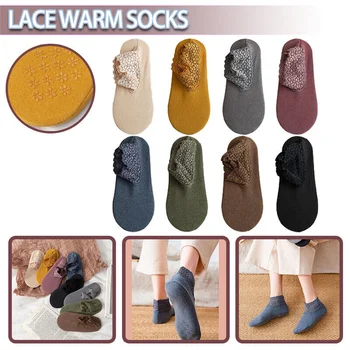 Ženy Zimné Plyšové Krátke Ponožky S Čipkou Okraji Teplou Termálnou Mäkké Jednofarebné Ponožky Bavlna Čižmy Čipky Domov Poschodí Ponožka 2022