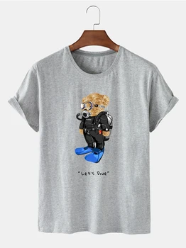 DX100628 Osobnosti Módne Letné Anti-Wrinkle Cartoon Potápanie Medveď Vzor Tlač Denných dámsky Krátky Rukáv Voľné T-shirt