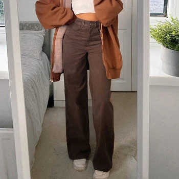 Vintage Y2K Joggers Ženy Cargo Nohavice 90. rokov Streetwear Karamelová Hnedá Nízkym Pásom E-dievča Estetické Voľné Rovné Nohavice Žena