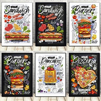 Jedlo Plagáty Hamburger, Hranolčeky Pizza Sandwich Reštaurácia Kuchyni Moderný Dizajn, Maľovanie Na Kvalitné Umelecké Plátno Domov Stenu Decor Obrázok