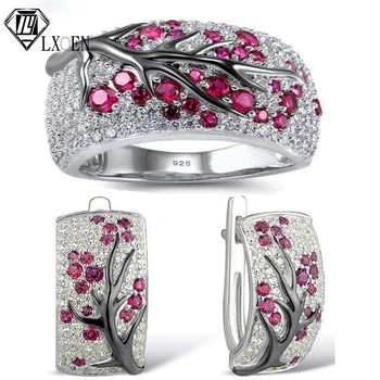 LXOEN Módne Luxusné Micro-intarzované Slivka Pobočky Šperky Sady pre Ženy S Červeným Zirkón Náušnice a Prsteň Svadobný Set Šperkov