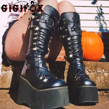 GIGIFOX Platformu Gotický Kolená Vysoké Čižmy, Topánky Pre Ženy Zip Cosplay Dizajn Boj proti Topánky Zimné Punk Kliny Motocykel Topánky