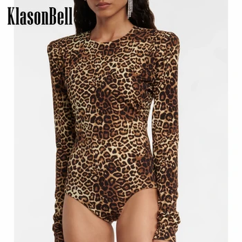 12.12 KlasonBell Módne Leopard Tlač Dlhý Rukáv Rameno Podložky Slim Kombinézu T-Shirt Ženy