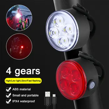Nepremokavé 4 LED USB Svetlo na Bicykel Mini Prenosné Biele Predné Svetlo/Červené zadné svetlo 4 Režimy vstavanú Batériu Baterka