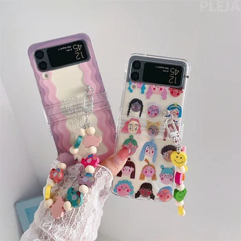 Karikatúra Roztomilý Dievčatá Vlna Telefón Charms obal pre Samsung Galaxy Z Flip 3 4 Skladací Displej Remienok na Ruku Pevného PC Kryt pre ZFlip3 4