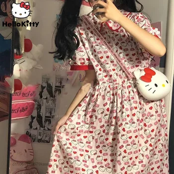 Sanrio Oblečenie Hello Kitty Bábika Golier Šaty Elegantné Ženy Ženy Lete Roku 2022 Nový Štíhly A-line Dlhé Šaty Vintage Lístkového Rukáv