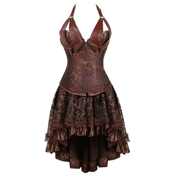 Steampunk Oblečenie Žien Korzet, Šaty Black Brown Zips Faux Kožený Korzet Halloween Stredoveké Viking Kostým Pirát