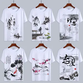 Čínsky Krajiny Atrament Maľba T-shirt Streetwear Čínske Prvky Štýlu Kvetinové Dragon Umývanie Maľovanie Topy pre Deti, Mužov, Ženy,