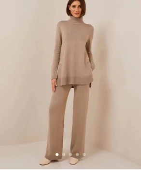 2022 nové módne cashmere vysoká krku farbou split sveter bežné západnej širokú nohu, nohavice, 2-dielna sada ženy 45% cashmere