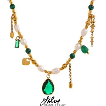 Yhpup Luxusné Bling Zelenými Zirkónmi Prívesok Prírodné Perly Kameň Reťazca Módny Náhrdelník Z Nehrdzavejúcej Ocele Ručne Vyrábané Šperky