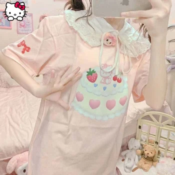 Móda Krátky Rukáv T-shirts Pre Dievčatá Cartoon Sanrio Hello Kitty Estetické Ženy Oblečenie Y2k Plodín Top Ružovej Sladké Tees Lete