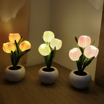 Nočné Tulipány Umelé Kvety Hotel Spálňa Svadobné Hostiny Darček Obývacia Izba Záhrade Domova LED Nočné Svetlo