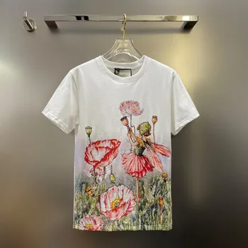 2023 Lete Elegantné dámske Kvalitné Kvetinový Tlač Sladké T-shirt F260
