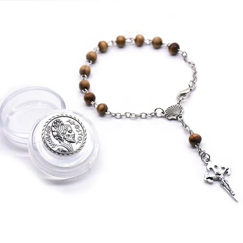 QIGO Náboženské Modlite sa, Šperky Hnedé Drevené Korálky Ruženec Vintage Náramok Kríž Náramok Pre Mužov, Ženy S Mini Box