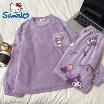 Sanrio Kawaii Kuromi Mymelody Pyžamo Pochacco Cinnamoroll Hello Kitty Flanelové Domáce Oblečenie Roztomilý Zahustiť Darček Pre Dievča