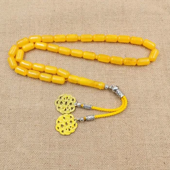 Žltá Živice tasbih 33 perličiek ambers Farba Moslimský muž Ruženec Eid darček žltý Kov strapec islamskej náramok turecký šperky Misbaha