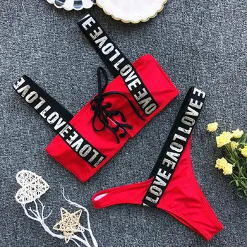 Sexy Červené Bikiny Nastaviť 2020 Nové Žien List čipky Obväz s Nízkym Pásom Plavky Čalúnená Push Up Plavky Plážové Kúpanie Oblek Plávanie