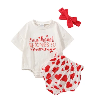 Novorodenca Dievča Valentines Day Oblečenie List Tlač Romper Srdce Šortky hlavový most 3ks Letné Oblečenie