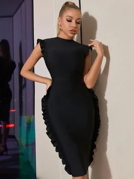 Ženy Lete Bodycon Obväz Sexy Šaty, Nočný Klub Black Volánikmi Celebrity Elegantné Večerné Party Oblečenie Šaty