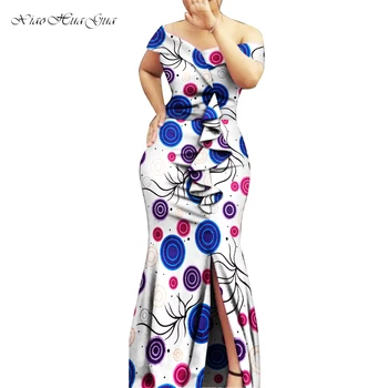 Africké Šaty pre Ženy Móda Lomka Krku Prehrabať Maxi Šaty Žien Bazin Riche Tlač Afriky Oblečenie Večerné Šaty WY8894