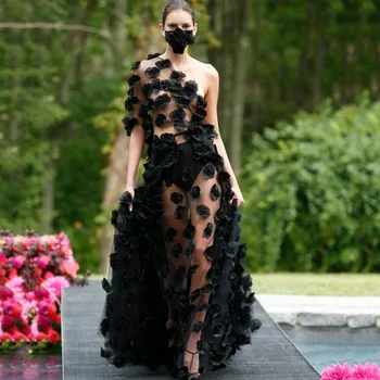 Mimo Ramenný Kvetinové Šaty Black Vidieť Cez Večerné Šaty Pre Ženy 3D Kvety Prom Šaty-line Transparentné Žena Oblečenie