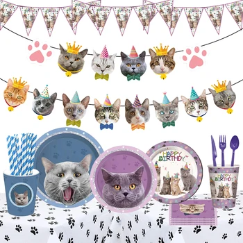 New Cute Cat Narodeninovej Party Jednorázový Riad Papierové Taniere Poháre Obrúsky Vlajky Baby Sprcha Mačky Téma Pet Party Dekor Dodávky