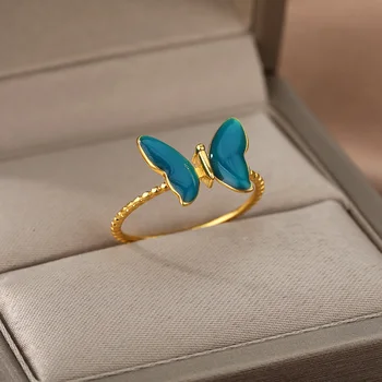 Motýľ Prstene Pre Ženy, Dievča, Nerezový Krúžok Roztomilý Zvierat Modrá Farba Motýľ Krúžok Prst Šperky Darček Bijoux Femme