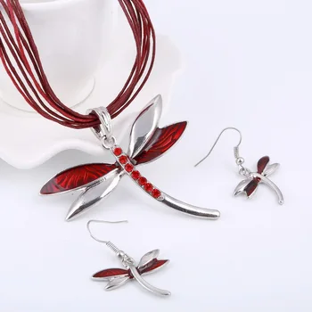 Vintage Červená Dragonfly Kožené Lano Šperky Sady pre Ženy Zvierat Dizajn s Príveskom, Náušnice, Náhrdelník Svadobné Sety