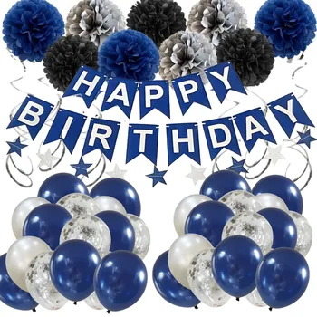 1set Námornícka Modrá Narodeniny Dekorácie Ľudí Balón, Zahrnuté. Happy Birthday Banner Modrá Strieborná Konfety Balón Papier Strapce