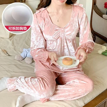 2022 Zimné Dlhý Rukáv Sexy tvaru Zlato Velvet Pajama Sady pre Ženy kórejský Sleepwear Pyžamo oblečenie pre voľný čas Pijama Mujer Domáce Oblečenie