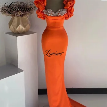 Lowime Orange Satin Jednoduché Party Šaty Kryštály Ženy Večerné Šaty 2022 Plus Veľkosť Prispôsobiť Dlhé Šaty Ples Ženy Sprievod