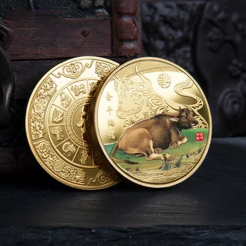 2021 Dvanásť Zverokruhu Ox Nový Rok Pamätné Mince Dobytka Maľované Pozlátená Medaila Dekoratívne Kolekcie Darček