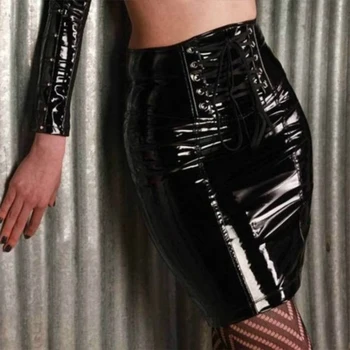 Dámske Sexy Čierne PVC Sukne Európsky a Americký Štýl PU Kožené Oblečenie Zips Krátke Latexové Mini Sukne Obväz Clubwear XXL