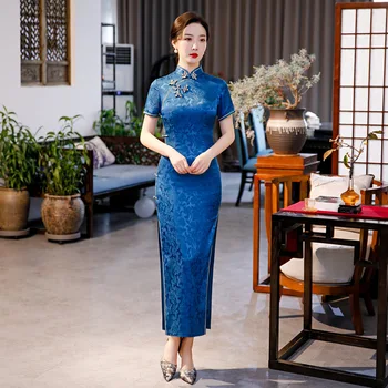 Čínsky Štýl Tlače Ženy Qipao Slim Elegantné Modré Cheongsam Dlhé Rovné Šaty Retro Veľký Kvet Tlačidlo Rozdeliť Cheongsam Sukne