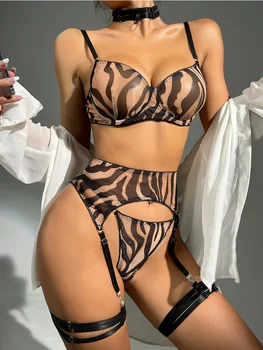 GIOIO Porno Vidieť Cez Leopard Tlač Slim Oka Ženy Lingeriesexy Veniec, Necenzurovaných 3-Dielna Erotická Bielizeň Kožená Bielizeň